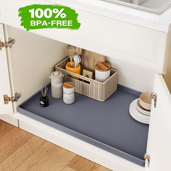 FLATO Waterproof Under Sink Mat 19" x 19" Shelf Liner for Kitchen and Bathroom, Cabinet Protector, Organizers and Storage, Flexible Silicone Drip Tray