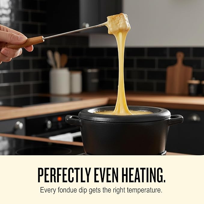 Alva Nori Cast Iron 2-Qt Fondue Pot Set – Made With No PTFE/PFOA/PFAS, Oven Safe – Works on Induction – 3-Layer Enamel, Easy to Clean, No Seasoning Needed – Includes 8 Forks, Burner & Stand