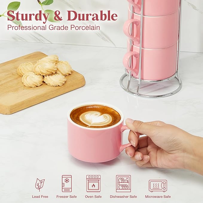 10 Ounce Pink Porcelain Stackable Cappuccino Cups with Stainless Steel Holder, Set of 4, Durable Ceramic, Perfect for Home, Office or Gift