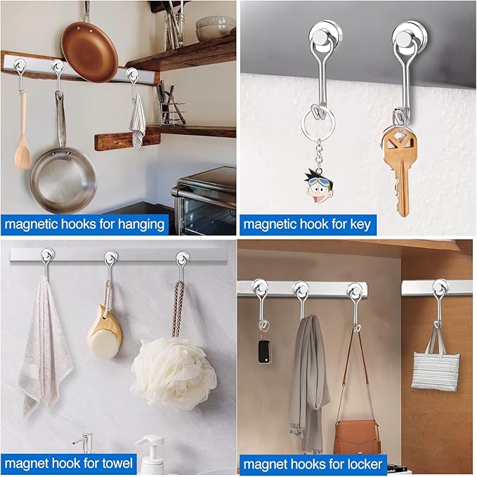 LOVIMAG Hooks, 30lbs+ Magnetic Magnet Hook 2025 Cruise Cabin Ship Essentials Heavy Duty Strong Refrigerator Fridge Hanging for Classroom Beach Vacation Kitchen Grills Home Mug Hanger (12 Pack), Silver