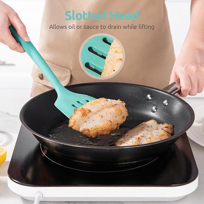 U-Taste 600ºF Heat Resistant Silicone Turners: 13.6in Long Solid & Slotted Kitchen Spatula Flipper, Wide and Large Flexible Cooking Utensil for Flipping Egg, Pancake, Cookie (Aqua Sky, 2PCS)