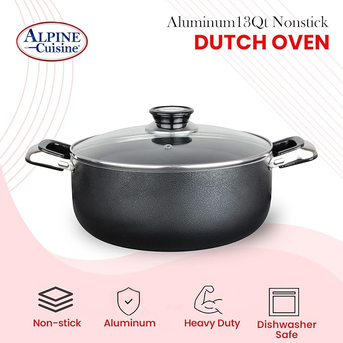 Alpine Cuisine 13 Quart Non-stick Stock Pot with Tempered Glass Lid and Carrying Handles, Multi-Purpose Cookware Aluminum Dutch Oven for Braising, Boiling, Stewing