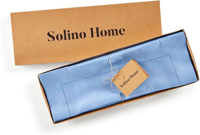 Solino Home Linen Cloth Placemats Set of 4-100% Pure Linen Hemstitch Cornflower Blue Placemats 14 x 19 Inch - Classic Hemstitch Table Place Mats for Christmas, Holiday
