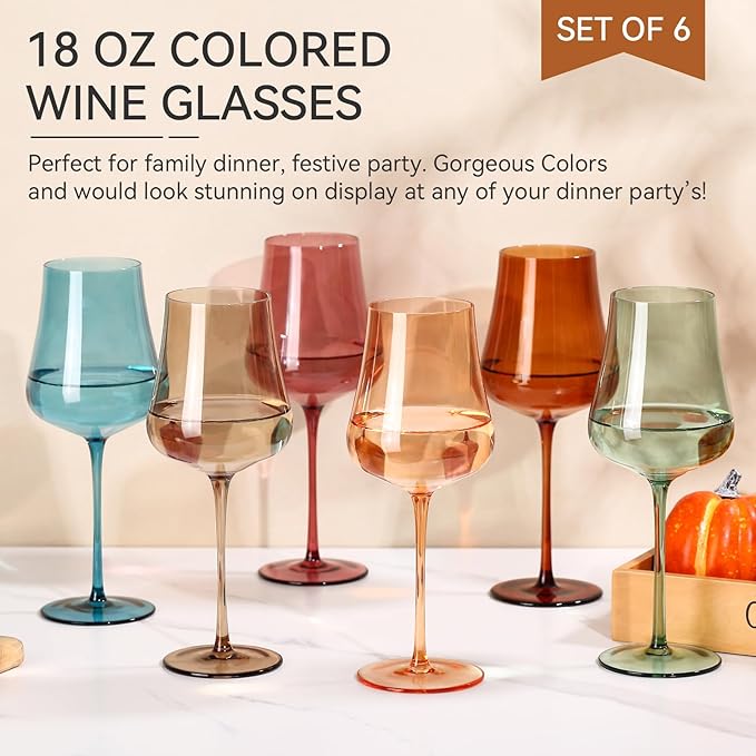 Colored Wine Glasses Set of 6-18oz Hand Blown Colorful Wine glasses - Unique Gift for Birthday,Wedding, housewarming