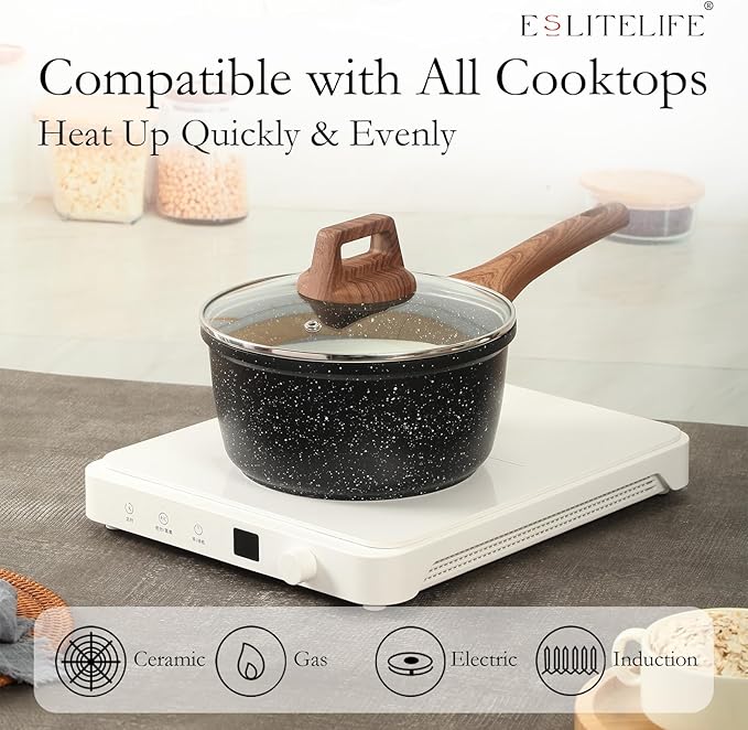 ESLITE LIFE Nonstick Cookware Sets, 9 Pcs Granite Coating Pots and Pans Set Kitchen Cooking Set, Compatible with All Stovetops (Gas, Electric & Induction), PFOA Free, Black