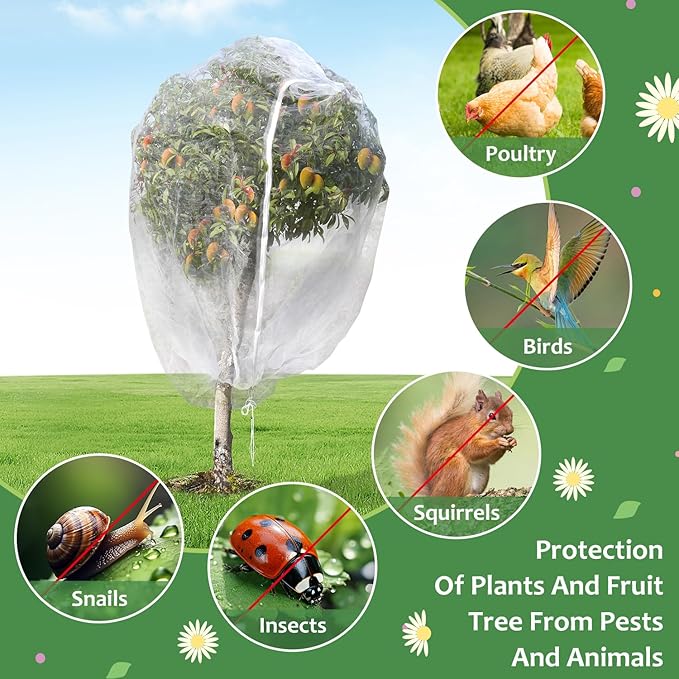 2PCS Large Fruit Tree Netting with Drawstring and Zipper, 8 * 8FT Garden Netting for Garden Protection, Insect Bird Netting for Fruit Trees, Protection from Anti Birds, Bugs,Cicadas