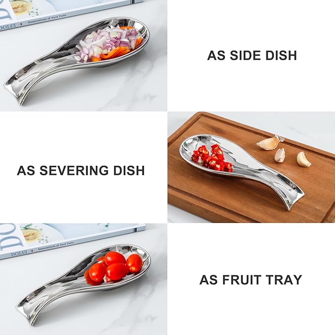 Hasense Spoon Rest for Stove Top, Large Ceramic Spoon Holder for Kitchen Counter, Cooking Utensil Rest for Spatula Ladle Spoon and Tong, Kitchen Spoon Rest for Home and Coffee Bar Accessories, Silver