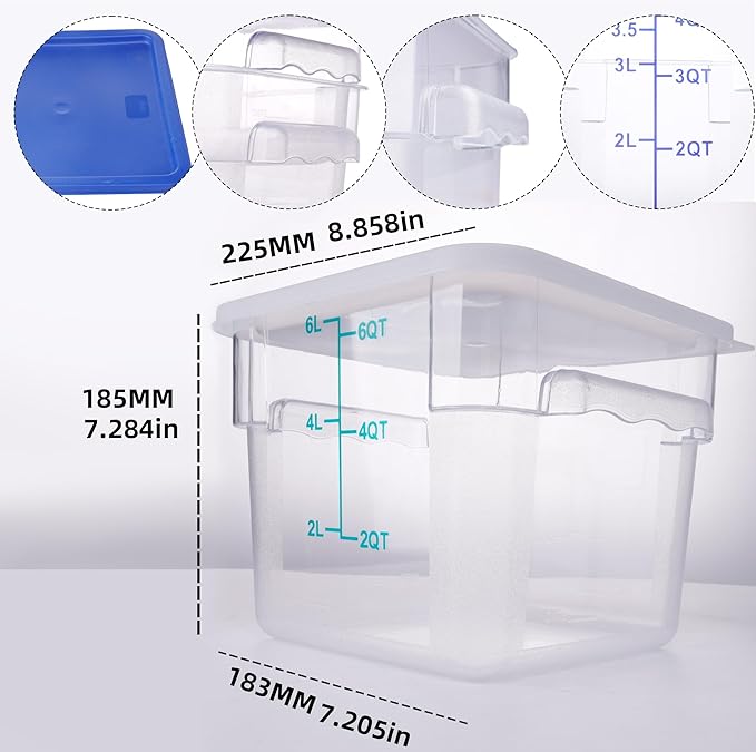 2 Pack Square Food Storage Container With Lid,2-12 Quart Commercial Storage Box With Scale & Handle,Cake Making,Dough Marinating Meat,Kitchen Supplies (6 Quart)