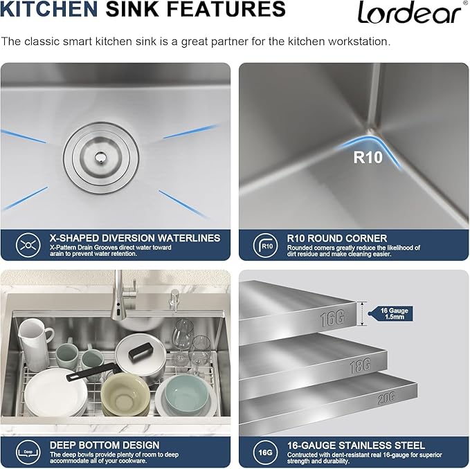 Lordear 33 Inch Drop In Kitchen Sink Workstation All In One SUS304 16 Gauge Stainless Steel 33x22 Drop In Sinks Single Bowl Handmade Above the Counter