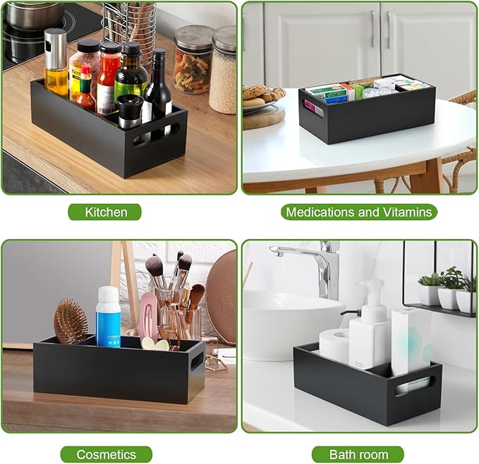 DRASTAR Pantry Organization and Storage Bins, Seasoning Packet Organizer with Removable Dividers,Wooden Storage Caddy for Kitchen, Pantry, Cabinet, Countertop, Black