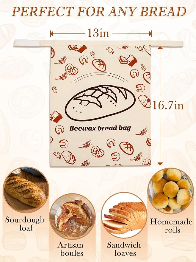 ANPHSIN Natural Beeswax Bread Bags with Sealing Zipper - 13''x16.7'' Reusable Sourdough Storage Wraps for Homemade Bread, Keeping Food Fresh, Gifts for People Who Love Baking, Loaf Pattern, 1 Pcs