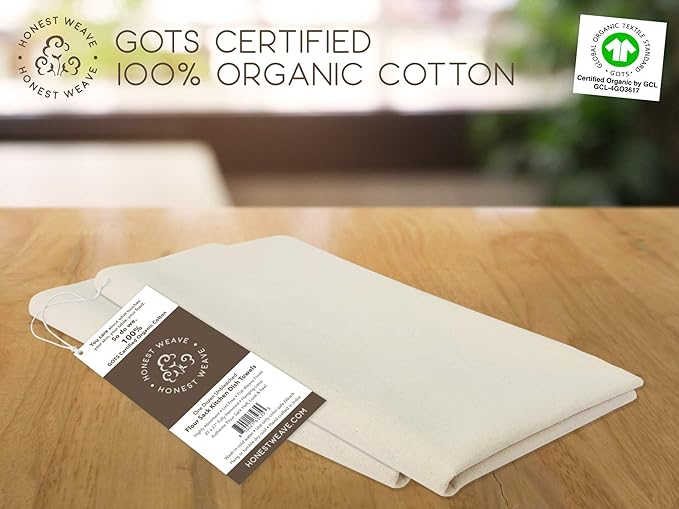GOTS Certified 100% Organic Flour Sack Cotton Kitchen Hand and Dish Towel Sets - Extra Large 27x27 inches, Fully Hemmed, 12-Pack, Natural Tan