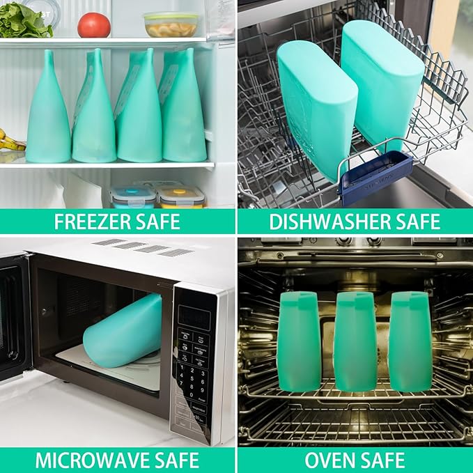 Reusable Food Storage Bags Extra Large, 0.8 Gallon/101 fl.oz/3000 ml, 4 Pack 100% Silicone Food Storage Bags Stand-Up Wide-Mouth Zip-Lock for Large Items, Freezer Microwave Oven Dishwasher Safe, Aqua