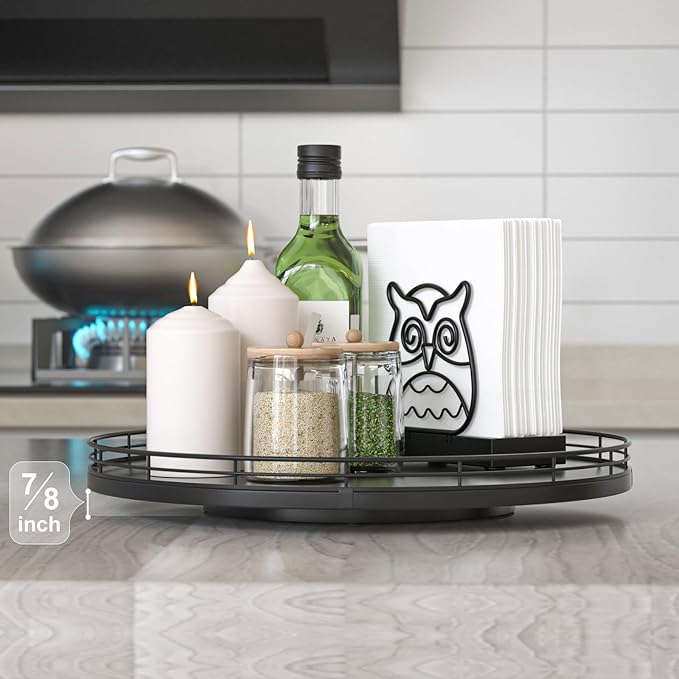 13" Oak Wood Lazy Susan Organizer, Lazy Susan for Cabinet Dining Table Pantry Wood Turntable Organizer Tray for Coffee Table Kitchen Countertop Salt Pepper Spice Organization and Storage Round Black