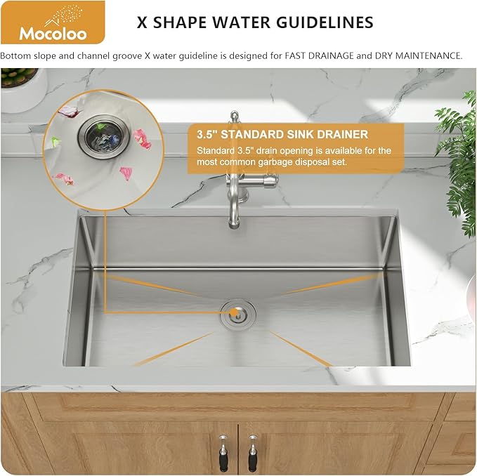 Mocoloo 33 Undermount Kitchen Sink - 33 x 19 Inch Kitchen Sink Undermount Stainless Steel 16 Gauge Single Bowl Under Counter Handmade with Offset Drain, 10'' Deep Basin