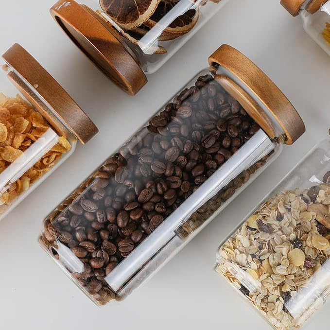 Glass Storage Jars with Wood Lid [Set of 5], Airtight Food Containers Stackable for Coffee Beans| Nuts| Pasta