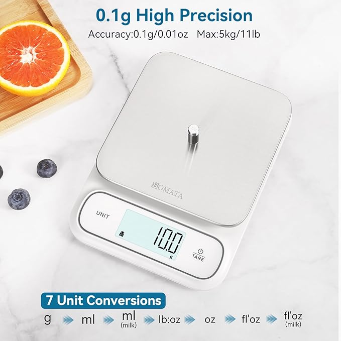 BOMATA Waterproof IPX6 Kitchen Scale, 0.1 g/0.01 oz High Precision, 5 kg/11 lbs, Digital Scale with Backlight, Stainless Steel Weighing Platform, for Food, Cooking, Baking, Weight Loss.. B619, White