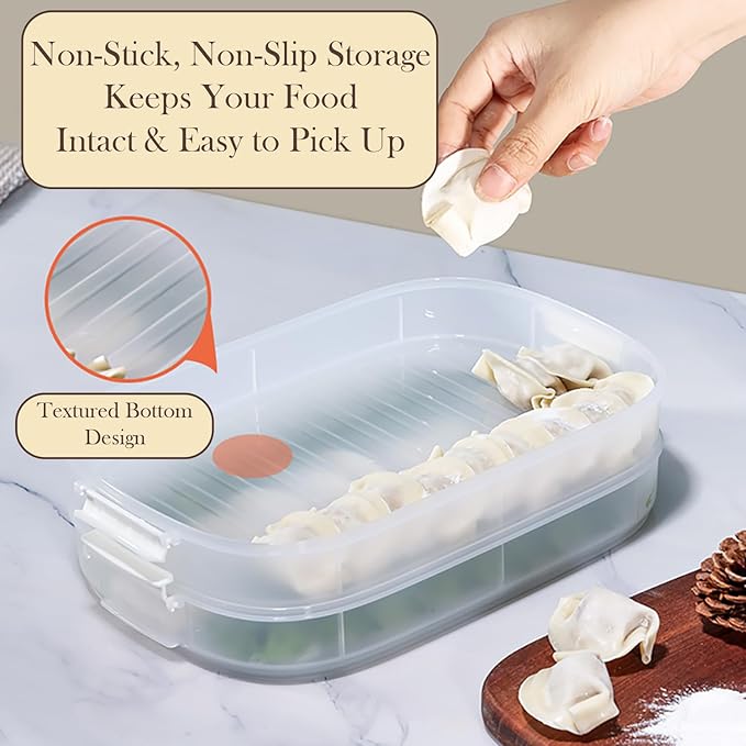 4-Layer Dumpling Storage Container – Freezer Organizer with Smart Timer, Good Sealing, Stackable Food Containers, Anti-Stick Base & Clip Lid (White Lid & Transparent Box)