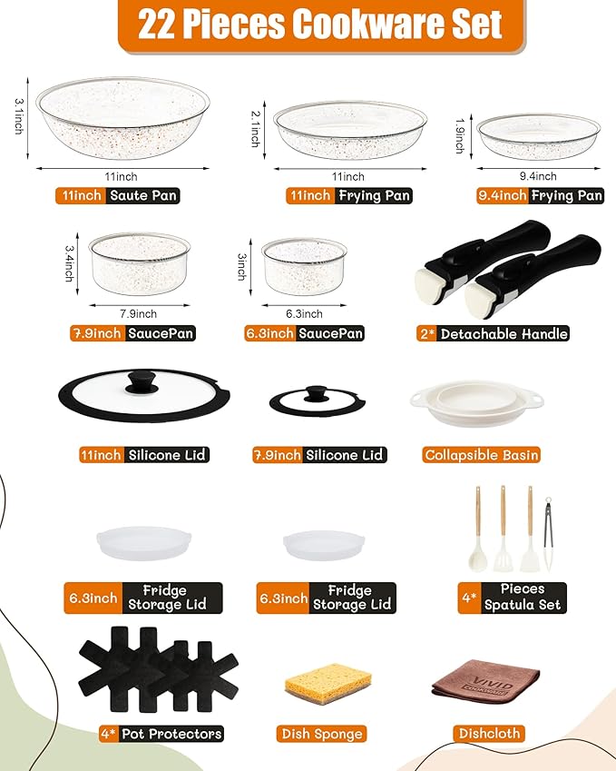 22Pcs Nonstick Ceramic Cookware Set with Detachable Handles, Oven & Induction Safe Pots and Pans, Non-Toxic Kitchen Essentials for Family Cooking, Black