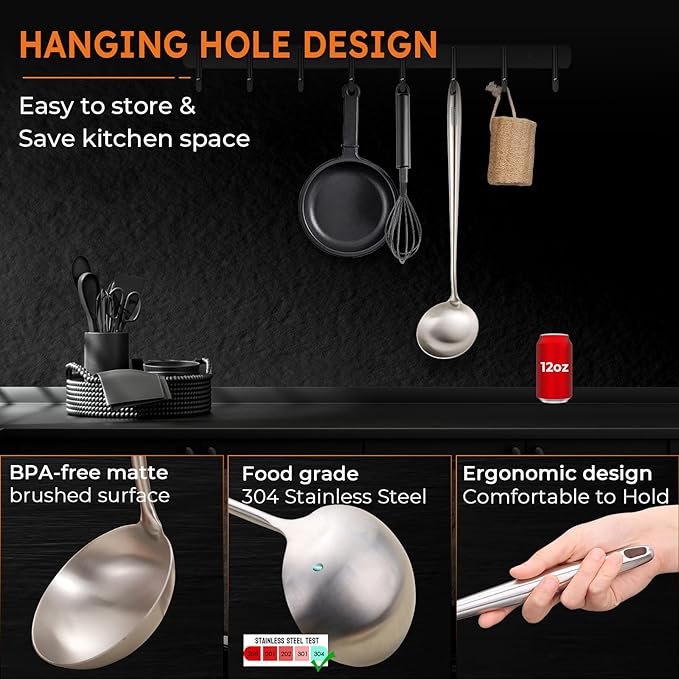 MARTE 16’’ Soup Ladle, 304 Stainless Steel Deep Ladle Spoon, [Rustproof, Integral Forming, Heat-Resistant] Metal Cooking Spoon,High-Grade Kitchen Tool for Service-Ergonomic Long Handle-Dishwasher Safe