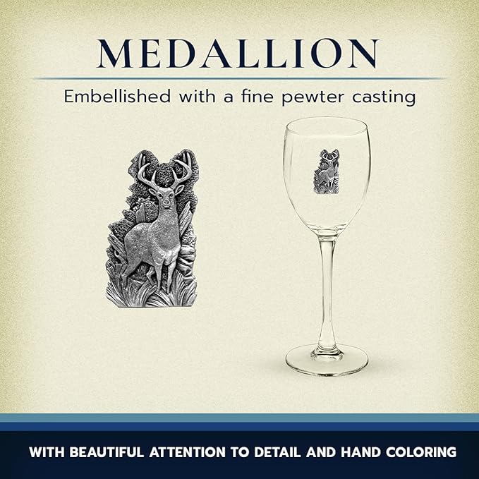 Heritage Pewter Whitetail Deer Glass Goblets – Set of 2 | 12 OZ Goblet Wine Glasses | Expertly Crafted Pewter Glass