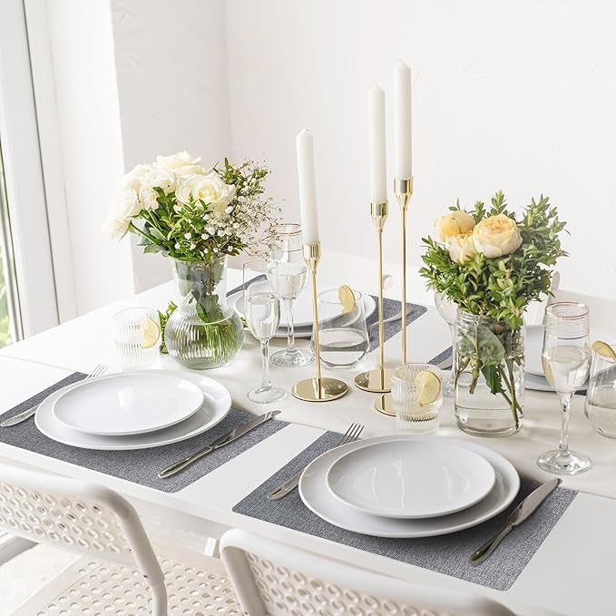 Vinyl Placemats Set of 6-12×17.7 Inch Waterproof & Heattable Placemats, Fall Faux Leather Wipeable Outdoor Table Mat for Dining, Kitchen, Indoor Outdoor Use (Grey, Linen Texture)