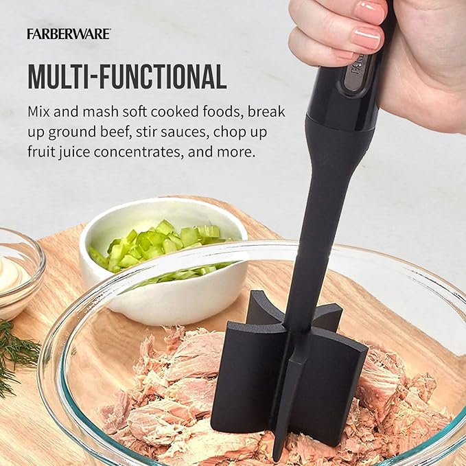 FARBERWARE Nylon Meat and Potato Masher – 5-Blade Ground Meat Chopper, Heat-Resistant to 450°F, Safe for Nonstick Cookware, Ergonomic Handle, 10-Inch, Dishwasher-Safe, Black