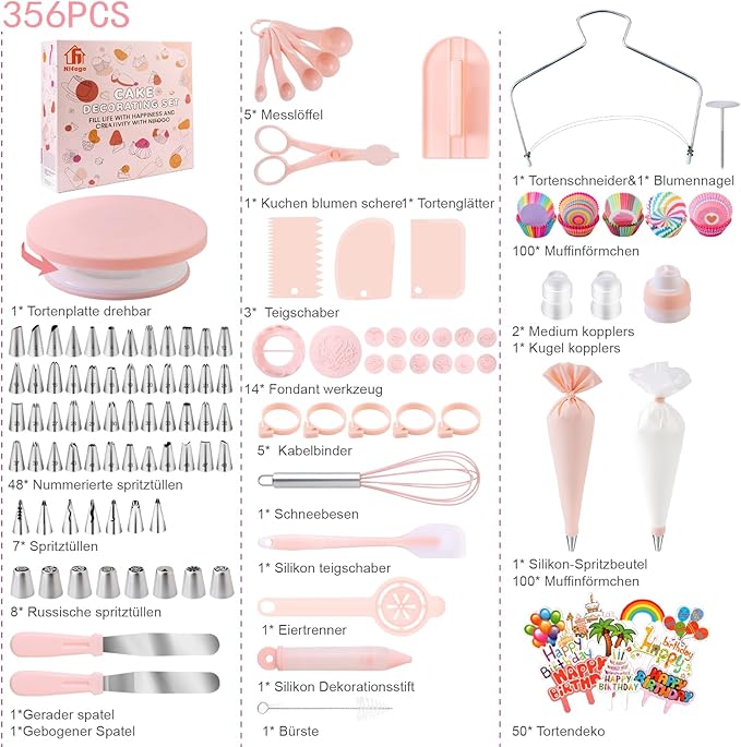 Nifogo Cake Decorating Supplies Kit Tools 356pcs, Baking Accessories with Cake Turntable, Pastry Piping Bag, Piping Icing Tips for Beginners