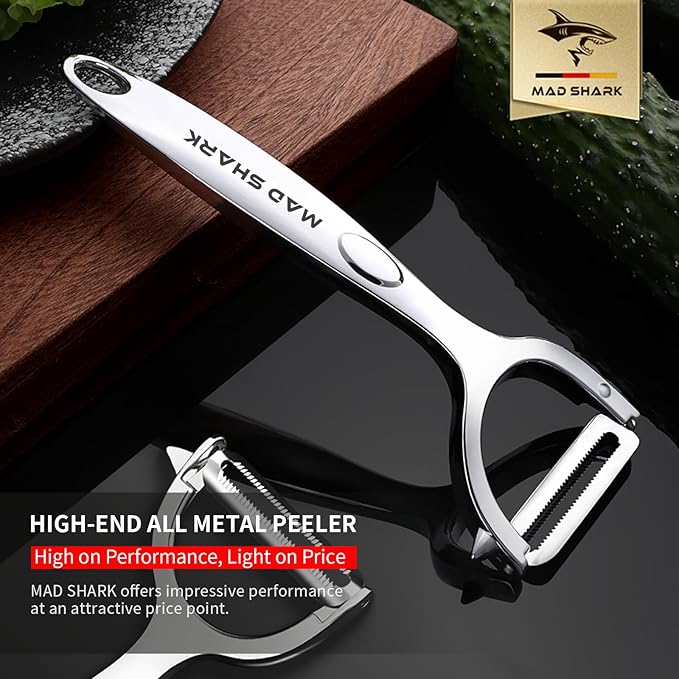 MAD SHARK Ultra Sharp vegetable peelers for kitchen – 10 Years No-Rust Stainless Steel Serrated Potato Peeler Easy to Use Y Peeler with Durable Non-Slip Ergonomic Grips for Carrots, Fruits, Veggie