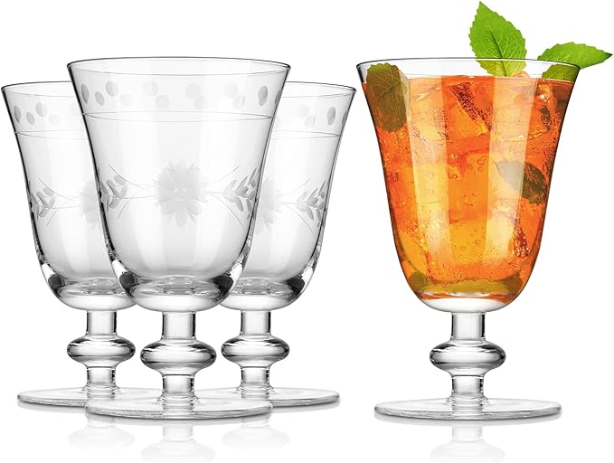 Premium Delight Vintage Wine Glasses Set of 4, 10 oz – Hand-Blown with Etched Stem, Classic Glassware for Weddings, Dinners, and Holiday Gifting (Vintage Goblets)