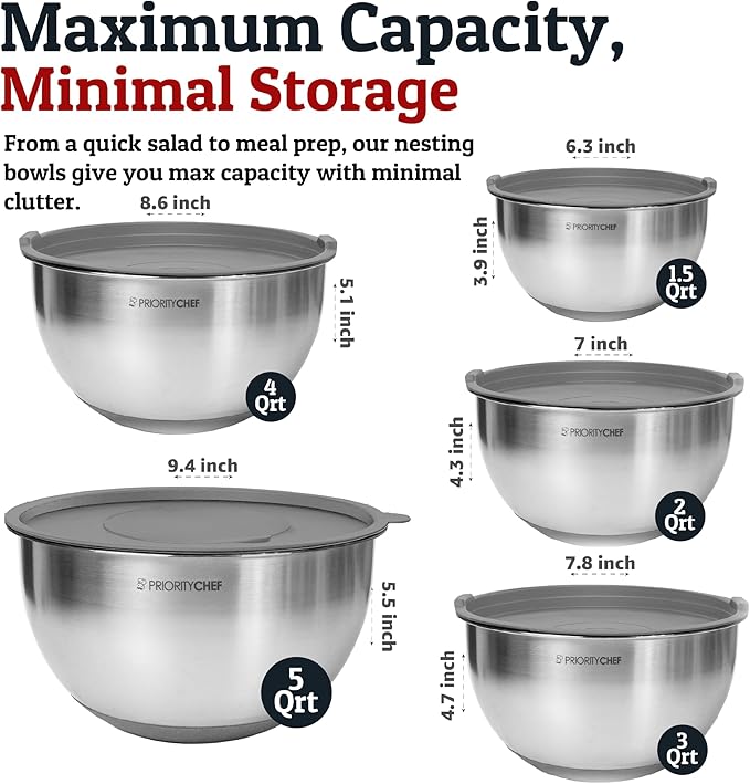 Priority Chef Stainless Steel Mixing Bowls with Lids Set, Metal Nesting Bowls with Airtight Lids, Graters, Non-Slip Base & Measurement Marks, Includes Utensil Set for Prep, Baking & Storage, Grey