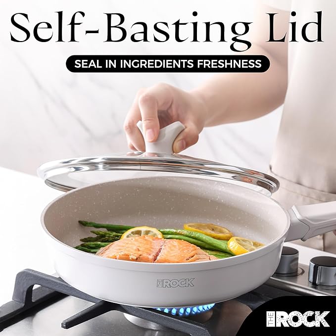 THE ROCK SOHO 9.5-Inch Non Stick Frying Pan with Lid–Nothing Sticks, Never Warps, Lasts Longer, Ceramic Non Toxic Skillet with Heat-Resistant Handle, PTFE PFOA&PFAS Free, Oven & Dishwasher Safe, Cream