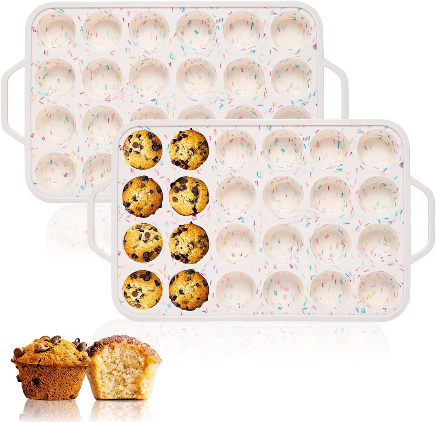 Silicone Mini Muffin Pan, 24 Cups Muffin Tin Baking Mold With Reinforced Stainless Steel Frame Inside, Nonstick Bakeware Cupcake Pan BPA Free, 2PCS