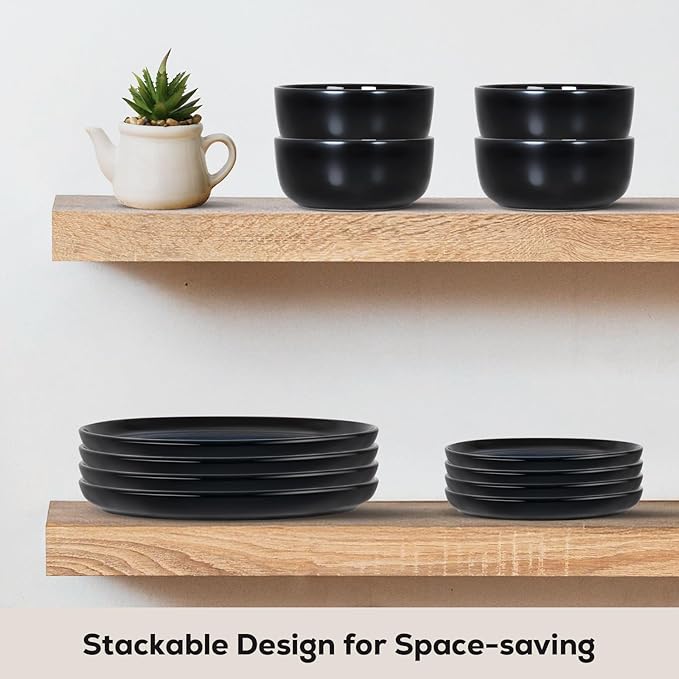 Romswi 16Pcs Dinnerware Set for 4, Stoneware Plates and Bowls Sets with Mugs, Chip & Scratch Resistant Dish Set, Handmade Reactive Glaze, Oven, Microwave and Dishwasher Safe, Dreamy Moonlight-Blue