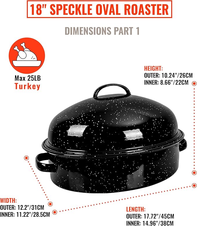 Enamel Granite Roasting Pan with Lid 18 Inch with Rack, Extra Large Deep Oven Baking Pot, NonStick Oval Carbon Steel Potato Roaster Pan for Turkey Chicken Steak NonToxic Perfect for Party Thanksgiving