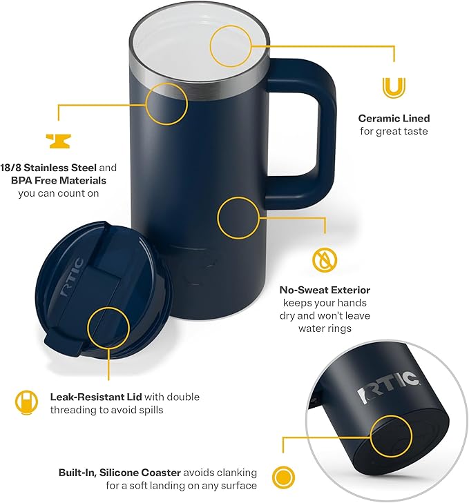RTIC 16oz Road Trip Travel Mug with Lid and Handle, Ceramic Lined, Insulated, Stainless Steel, Metal, Double Wall Vacuum-Insulation, Portable Coffee, Tea Cup for Hot and Cold Drink, Navy