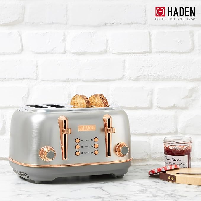 Haden Heritage 4 Slice Wide Slot Stainless Steel Toaster with Adjustable Browning Control & Non-Slip Feet, Steel & Copper