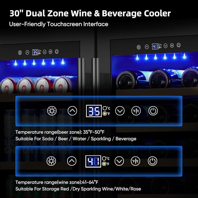 30 Inch Wine & Beverage Refrigerator– Dual Zone Beverage Cooler with Glass Door, Digital Touch Control, Wine Fridge Under-Counter or Freestanding, Holds 30 Bottles & 110 Cans Large Capacity, Black