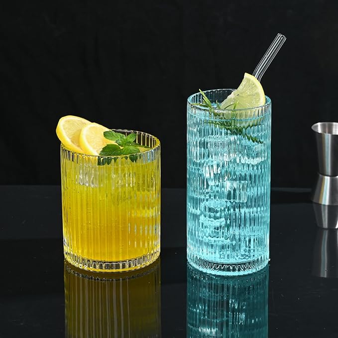 Set of 8 Vintage Ribbed Glassware,4 Highball Glasses 12 oz,4 Rocks Drinking Glasses 14 oz,Ribbed Cocktail Glass Cup,Used for Whiskey,Ice Coffee Cup,Juice,Smoothies,Mixed Drinkware