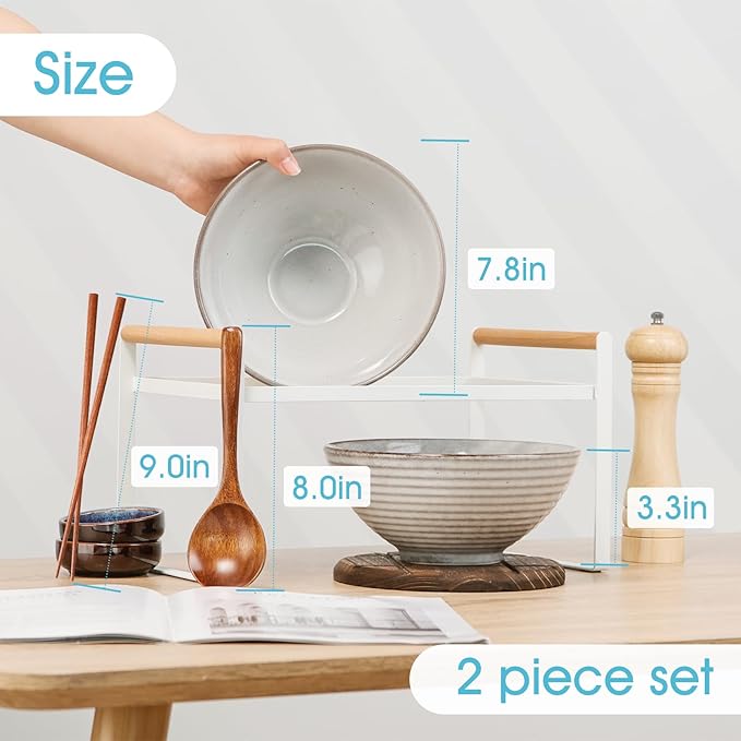 NUTRIUPS Set of 2 Ceramic Ramen Bowls with Spoons & Chopsticks, 40oz Large Soup Bowls for Udon, Miso, Noodles (Classic Stone Gray)