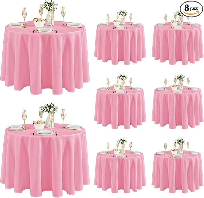 Fitable 8 Pack Round Tablecloths: Stain Resistant Wrinkle Free Circle Table Clothes, Washable Reusable Polyester Table Covers for Wedding Party Birthday Banquet Reception(Pink, 120 Inch)