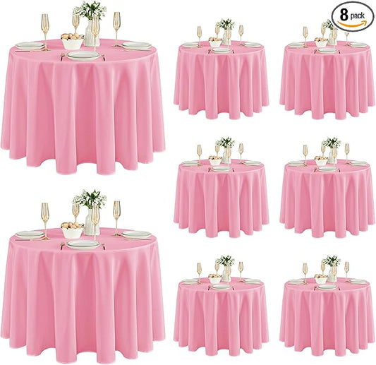 Fitable 8 Pack Round Tablecloths: Stain Resistant Wrinkle Free Circle Table Clothes, Washable Reusable Polyester Table Covers for Wedding Party Birthday Banquet Reception(Pink, 120 Inch)