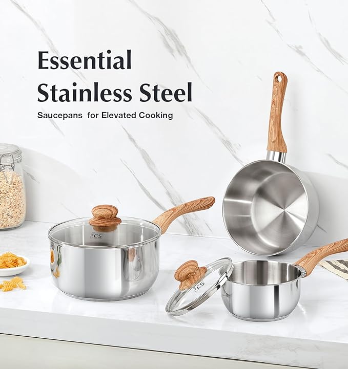 KOCH SYSTEME CS Stainless Steel Saucepan, 2 Quart Saucepan with Lid & Heat-resistant Bakelite Handle, Tri-ply Bottom Steel Sauce Pan with Lid, Induction Ready, Stainless Steel Pot 2QT