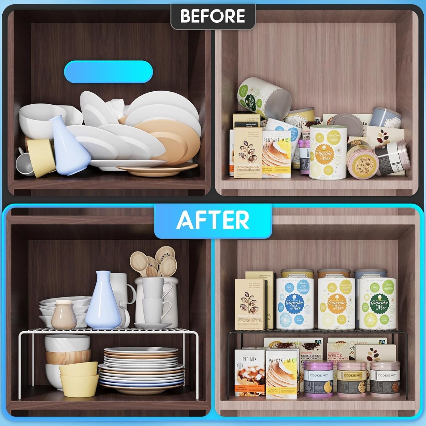 Medium(13 x 9.4 inch)Black Cabinet Storage Shelf Rack Set of 4, Rustproof Metal Wire Kitchen Counter Organizers and Storage, Spice Organization for Cabinet, Plate, Dish, Pantry, Bathroom, Fridge