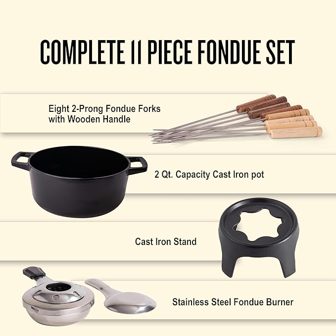 Alva Nori Cast Iron 2-Qt Fondue Pot Set – Made With No PTFE/PFOA/PFAS, Oven Safe – Works on Induction – 3-Layer Enamel, Easy to Clean, No Seasoning Needed – Includes 8 Forks, Burner & Stand