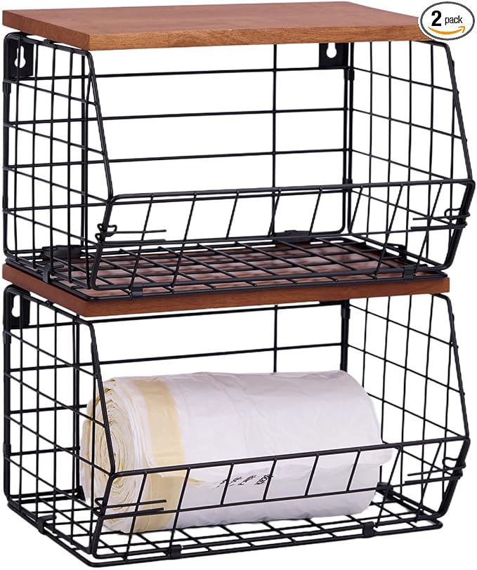 2 Pack XL Trash Bag Holder, Stackable Garbage Bag Dispenser with Wood Lid for Kitchen Countertop Pantry, Laundry & Under Sink Organization Storage