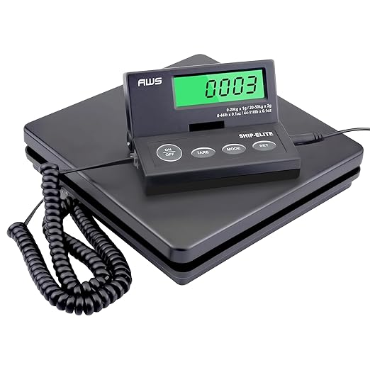 American Weigh Scales Digital Shipping Scale | Highly Accurate Multifunctional Postal Package & Luggage Weighing Scale | 110 lbs x 0.1 oz | Backlit LCD | Battery & AC Adapter | Compact Platform