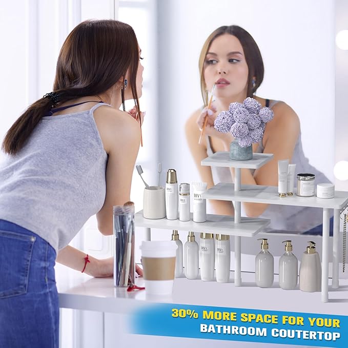 JayRex Bathroom Organizer Countertop Corner Shelf, 3 Tier Moveable Organizer for Make Up, Dresser Table, Desktop (White)