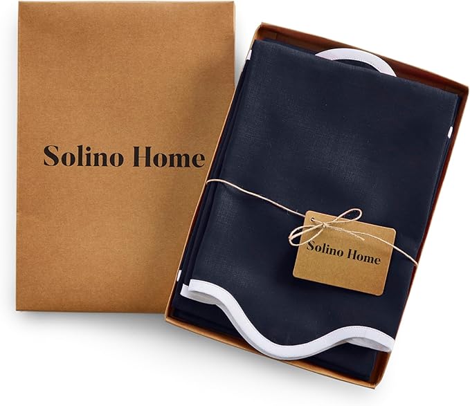 Solino Home Scallop Linen Napkins Set of 4-100% Pure Linen White and Navy Dinner Napkins Cloth 20 Inch for Fall, Autumn - Giselle Scallop Edge, Handcrafted and Machine Washable