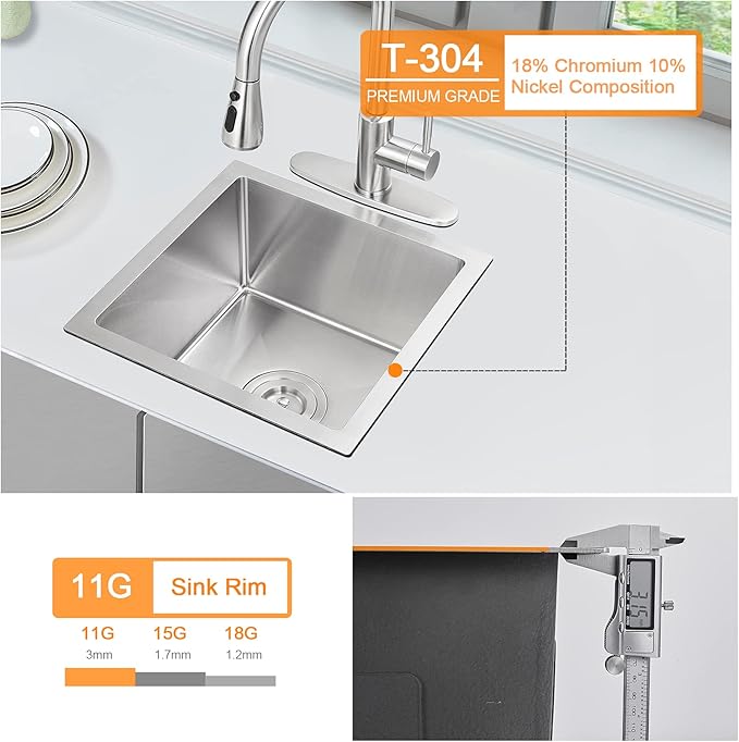 Bar Sink, ROVATE 15 x 15 inch Bar or Prep Kitchen Sink Undermount, Single Bowl T-304 Stainless Steel Small Sinks Handmade with Strainer